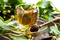 Linden flowers and cup of healthy tea, herbal medicine Royalty Free Stock Photo